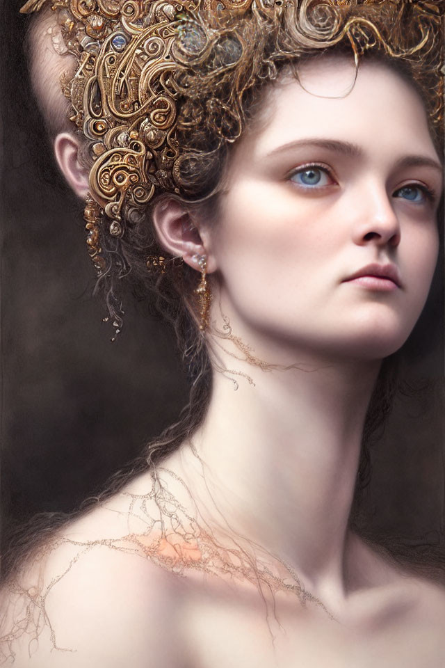 Elegant portrait of a woman with golden headpiece and filigree hair adornments