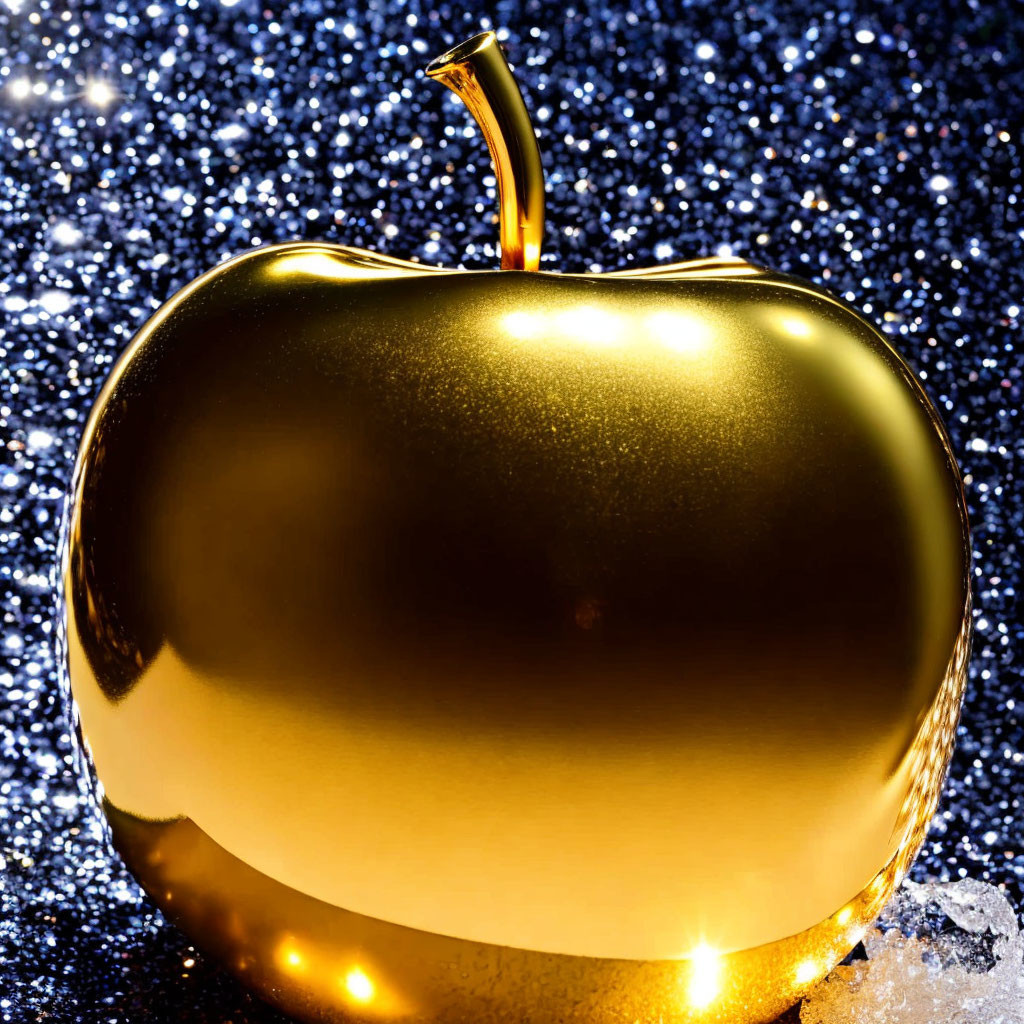 Golden apple on glittery blue background with reflective surface