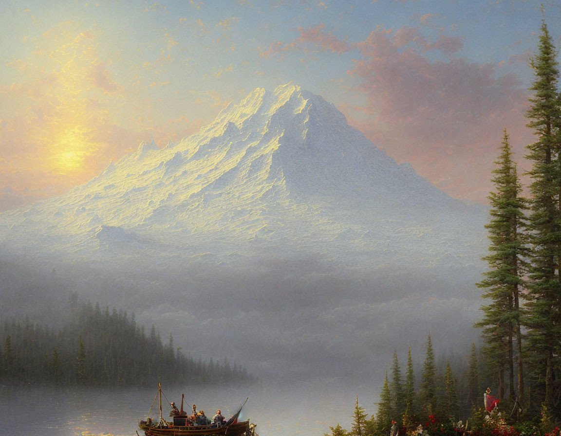 Scenic painting of rowboat near forested shore with mountain and glowing sky