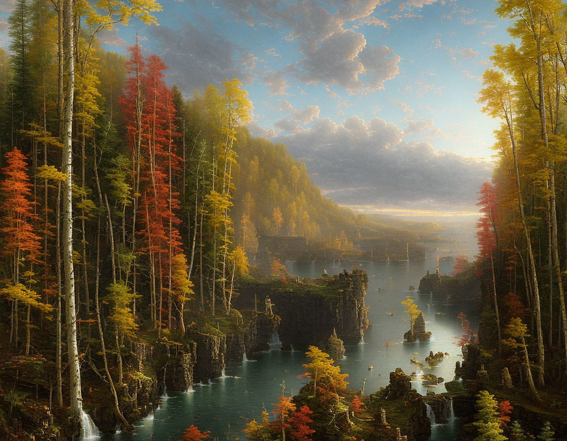 Tranquil lake with towering cliffs and autumn forests under sunbeams