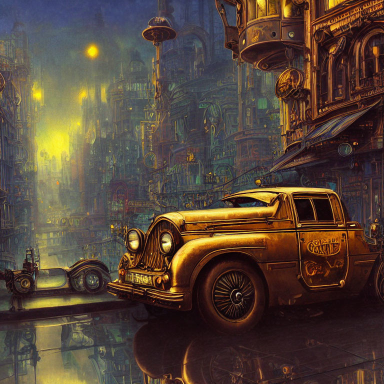 Golden Retro-Futuristic Car in Neon-Lit Cityscape