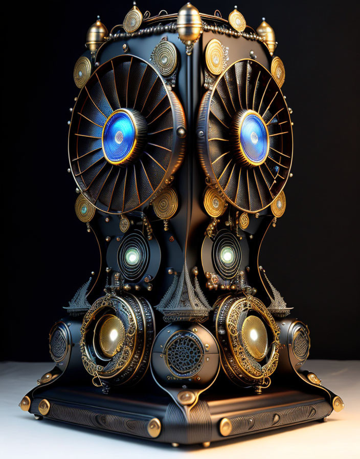 Steampunk-inspired speaker system with metallic details and glowing blue eyes