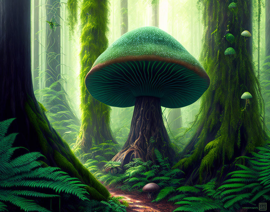 Vibrant green cap mushroom in enchanted forest surrounded by lush ferns