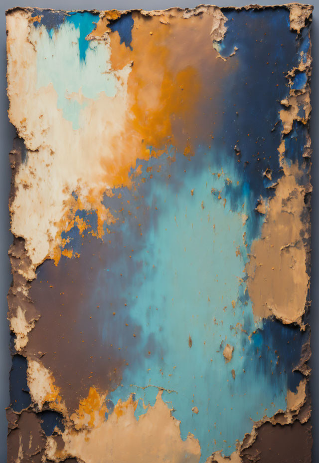 Peeling paint on rusty metal with blue, white, and orange oxidation.