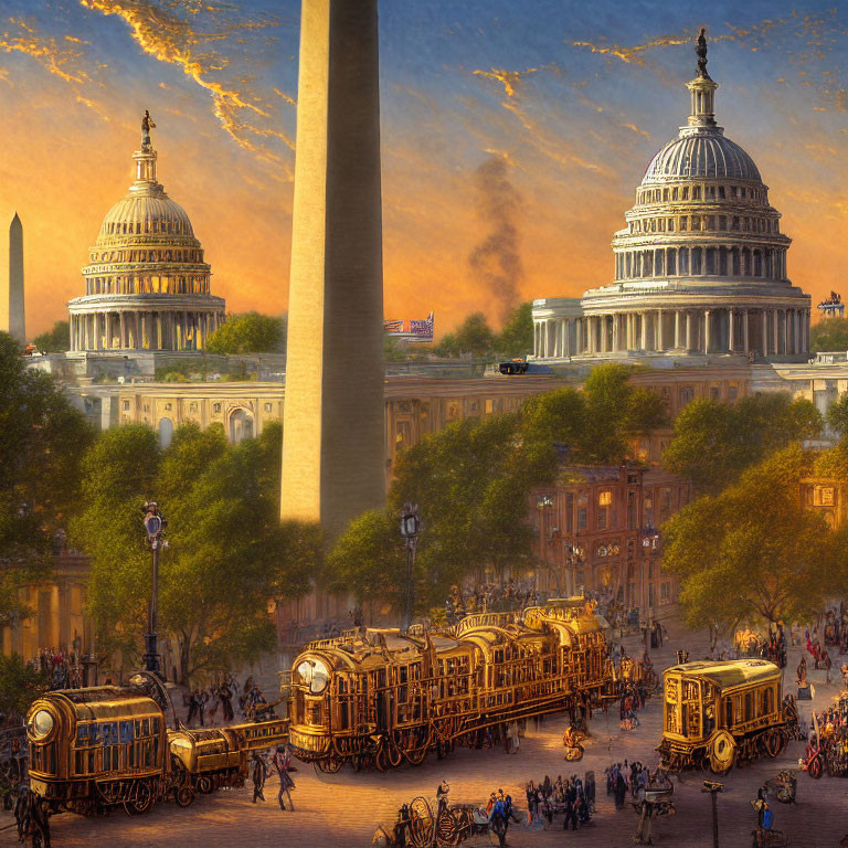 Sunset view of U.S. Capitol and Washington Monument with streetcars and crowds