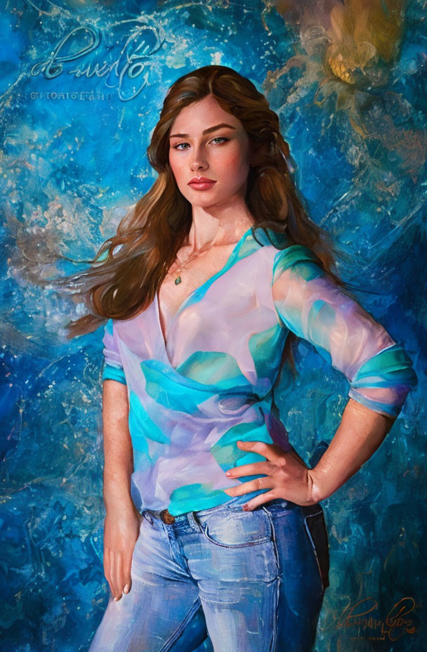 Long-haired woman in sheer blue top and jeans against abstract blue background with painterly effect