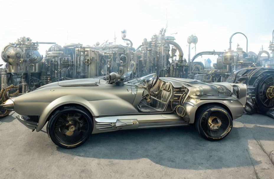 Futuristic vehicle with golden accents in sci-fi setting