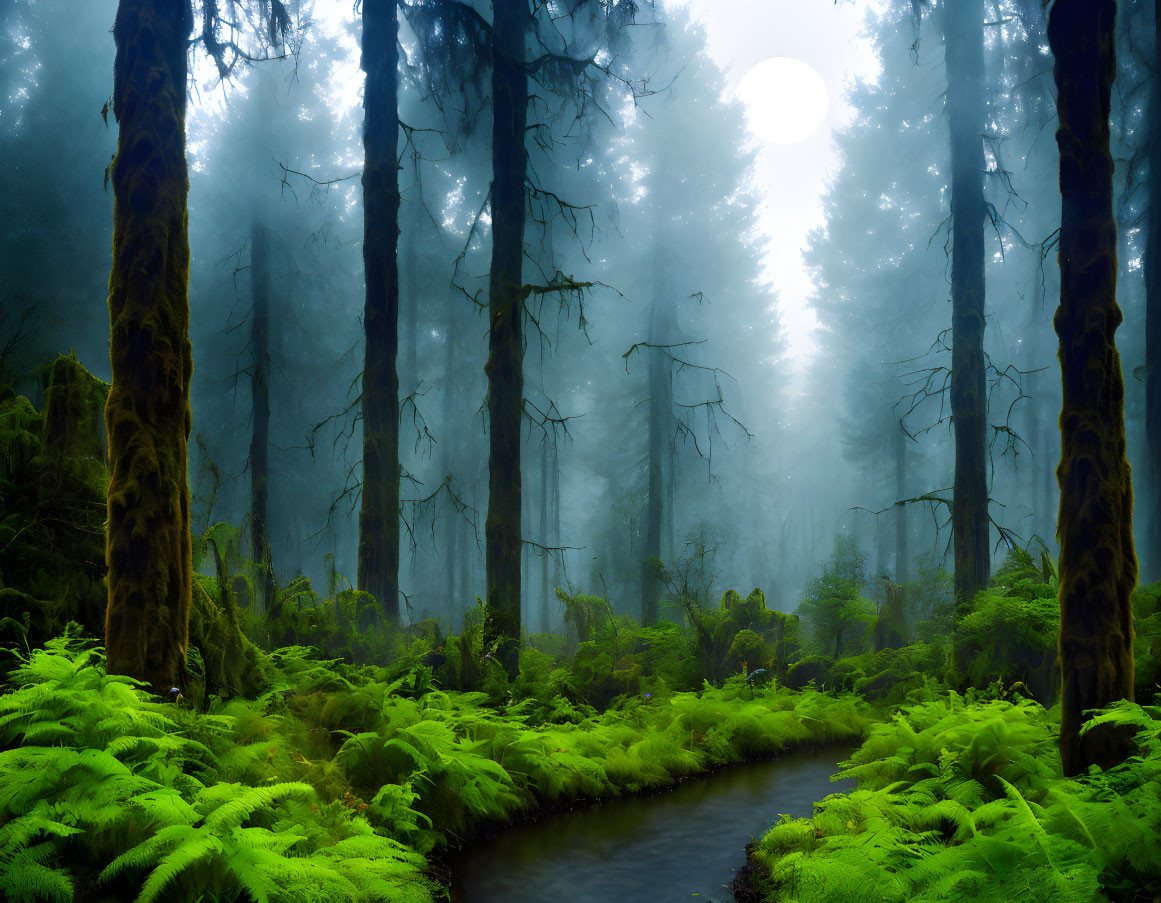 Lush green ferns in misty forest with stream and moss-covered trees