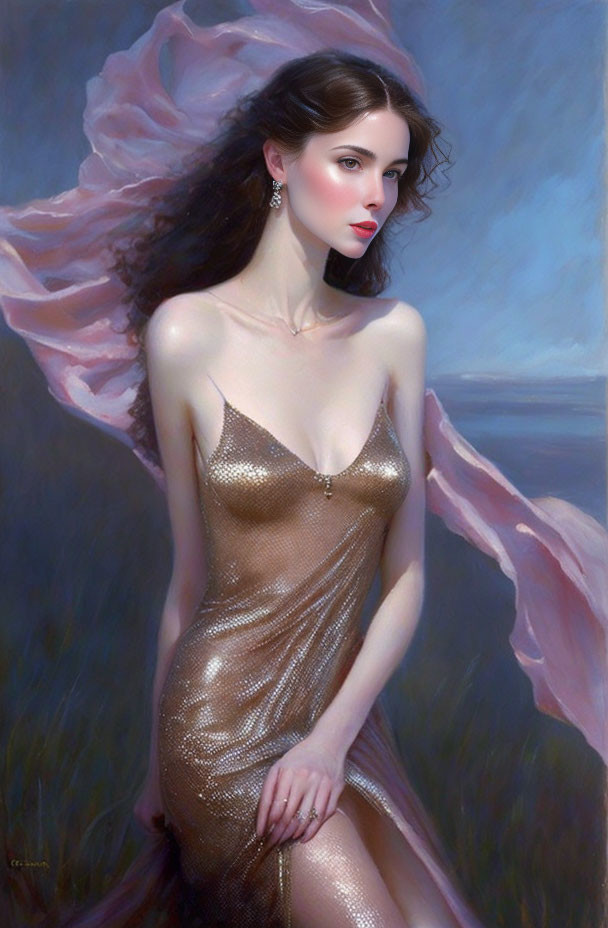 Woman in Gold Dress Poses by Seascape with Pink Fabric Trail