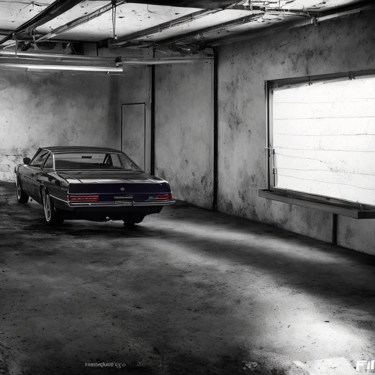 Vintage Car Parked in Dimly Lit Garage with White Walls