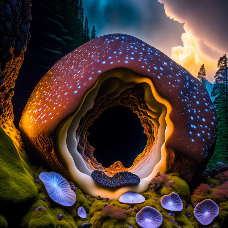 Surreal glowing mushroom in enchanted forest scene