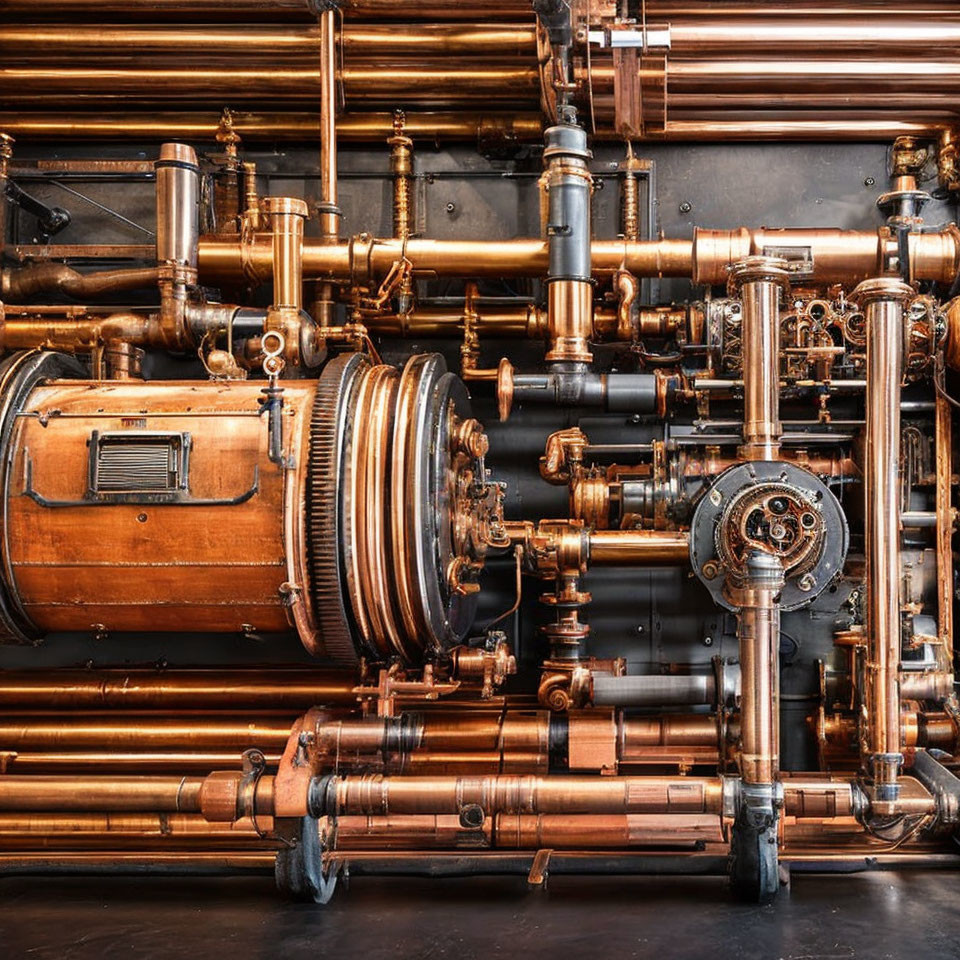 Shiny copper pipes and fittings with valves and gauges in industrial design.