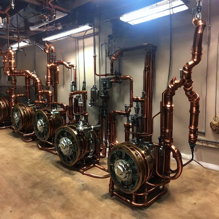 Shiny copper distillation units with pipes and fittings in industrial setting