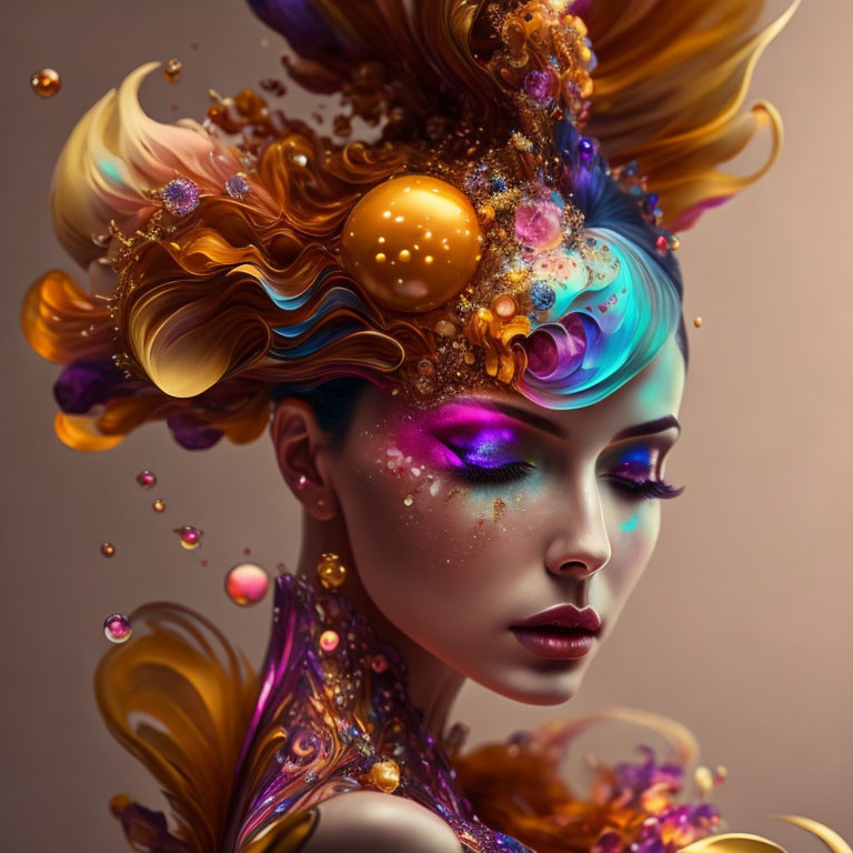 Vibrant surreal portrait of a woman with flowing hair and swirling patterns