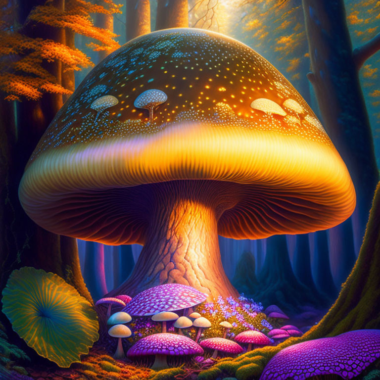 Colorful oversized mushroom in mystical forest artwork.