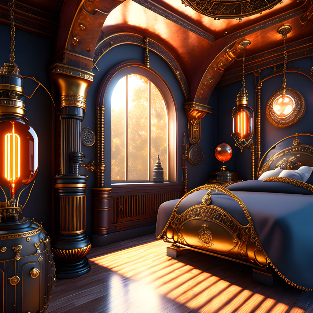 Luxurious Steampunk-Styled Bedroom with Large Bed, Wooden Walls, Gears, and Tower