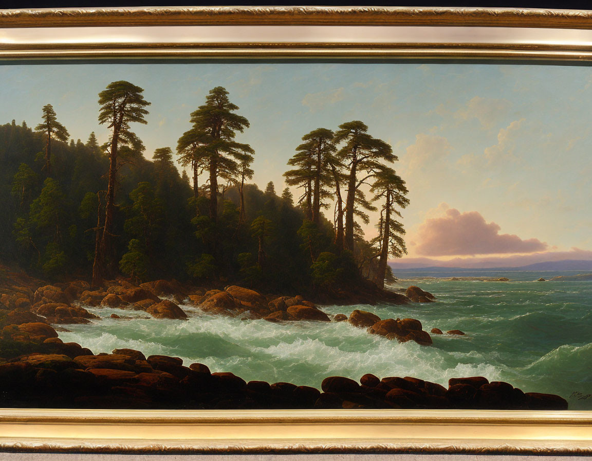 Serene coastline oil painting with pine trees, rocky outcrops, and turbulent sea waves