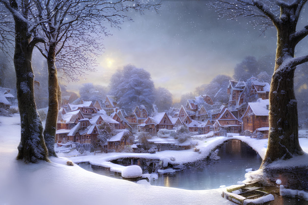 Snow-covered village by river under twilight sky with falling snowflakes