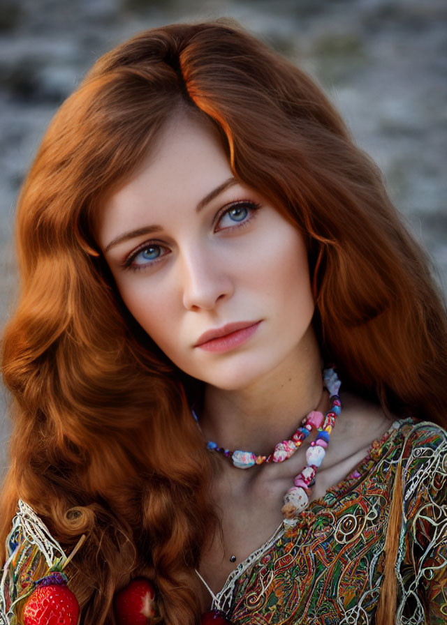 Young woman with long auburn hair and blue eyes in colorful outfit