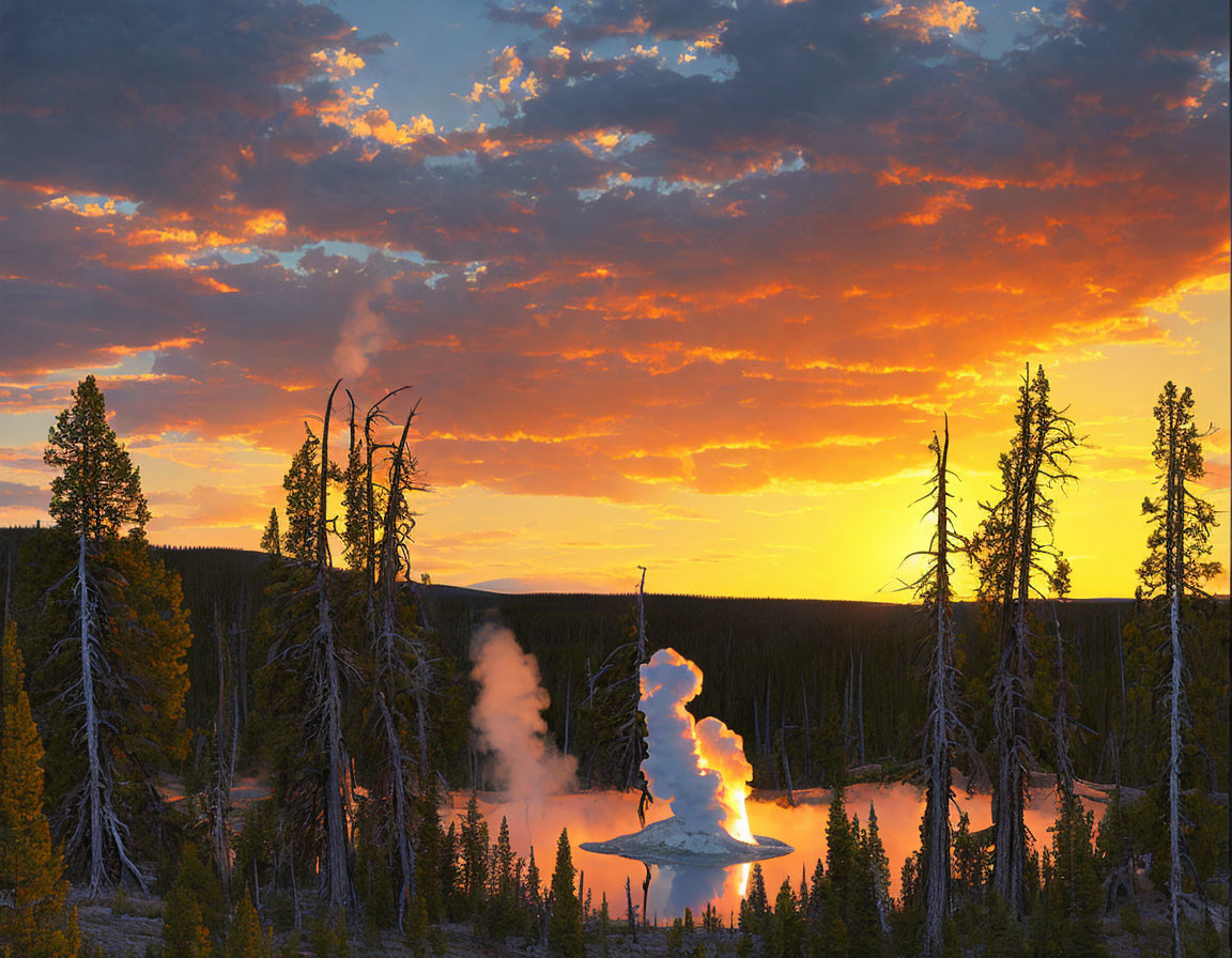 Colorful sunset over forest with geothermal features