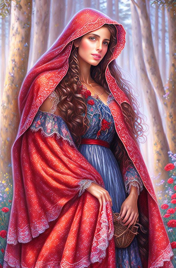 Woman in red cloak and blue dress in whimsical forest with woven basket