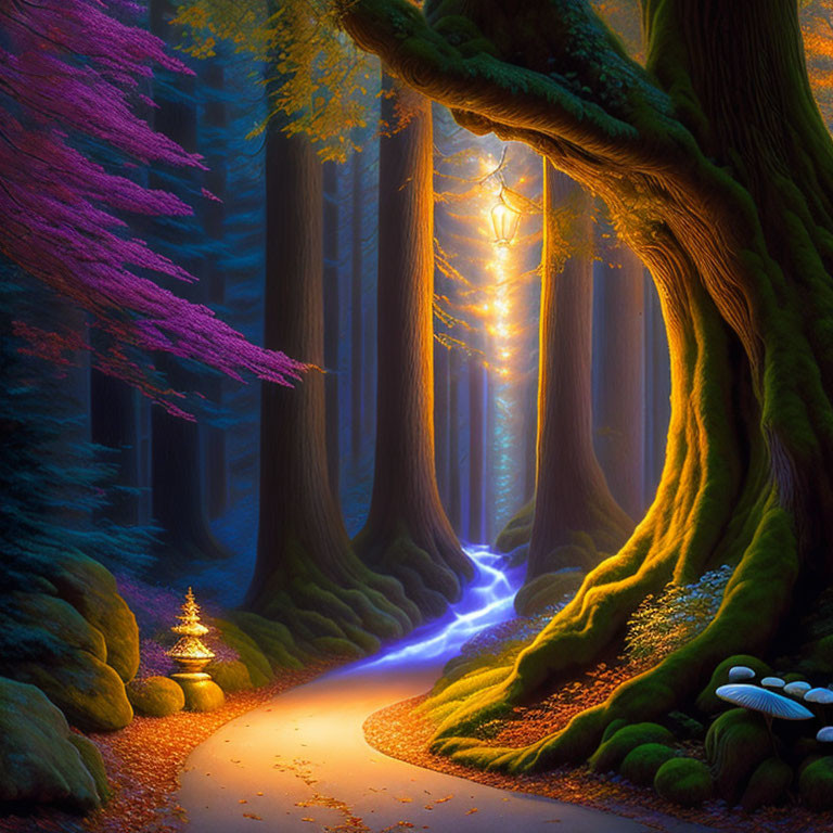 Colorful Trees and Glowing Pathway in Magical Forest Scene