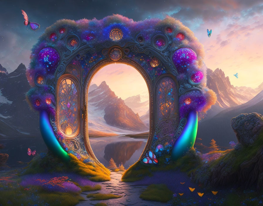 Fantastical landscape with glowing mirror portal, lush vegetation, butterflies, and scenic mountains at sunset.