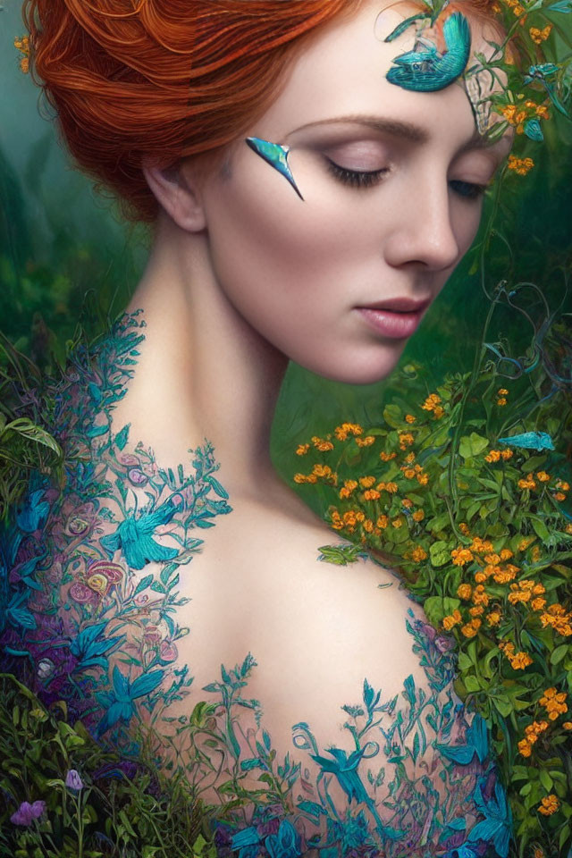 Woman with red hair, botanical tattoos, surrounded by greenery and flowers, blue bird adornment.