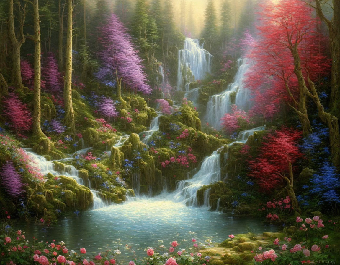 Tranquil waterfall scene with vibrant foliage and warm light