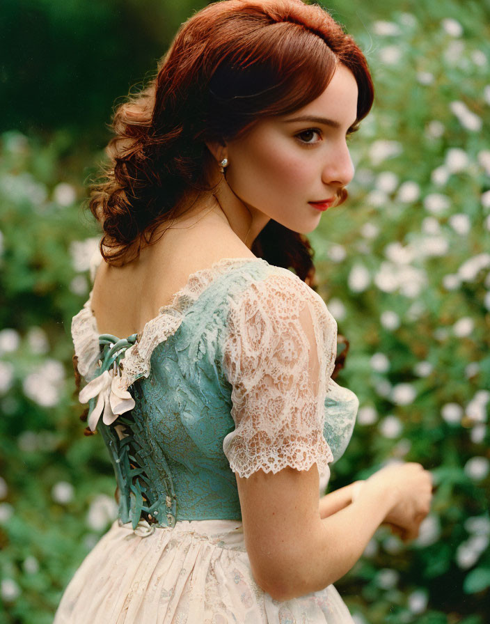 Vintage lace dress woman in headband with white flowers background