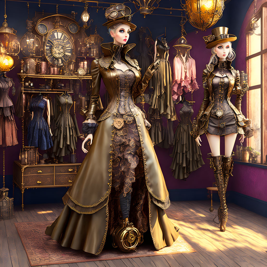 Elaborate steampunk attire in a room of Victorian dresses and clocks