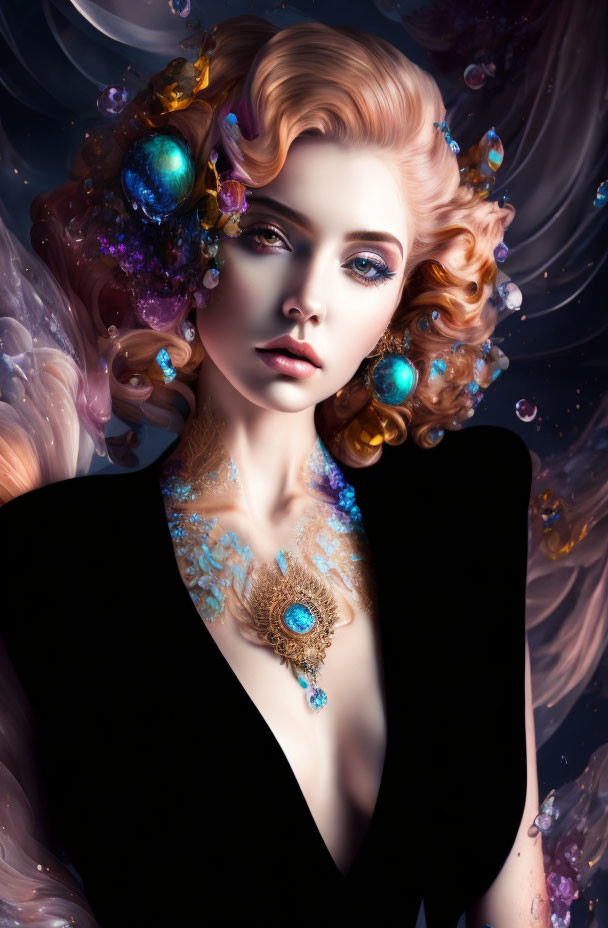 Cosmic-themed woman portrait with celestial blues and violets