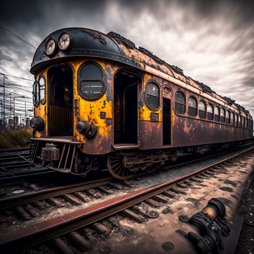 Abandoned vintage train on rusty tracks under dramatic sky