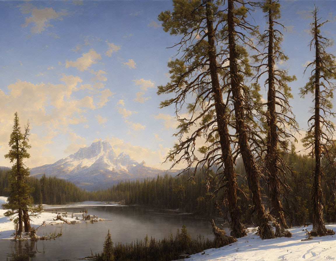 Snowy forest landscape with lake, pine trees, and mountain under cloudy sky