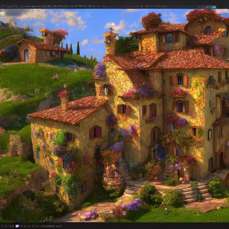 Picturesque stone houses with terracotta roofs and vibrant flowers on lush hillside