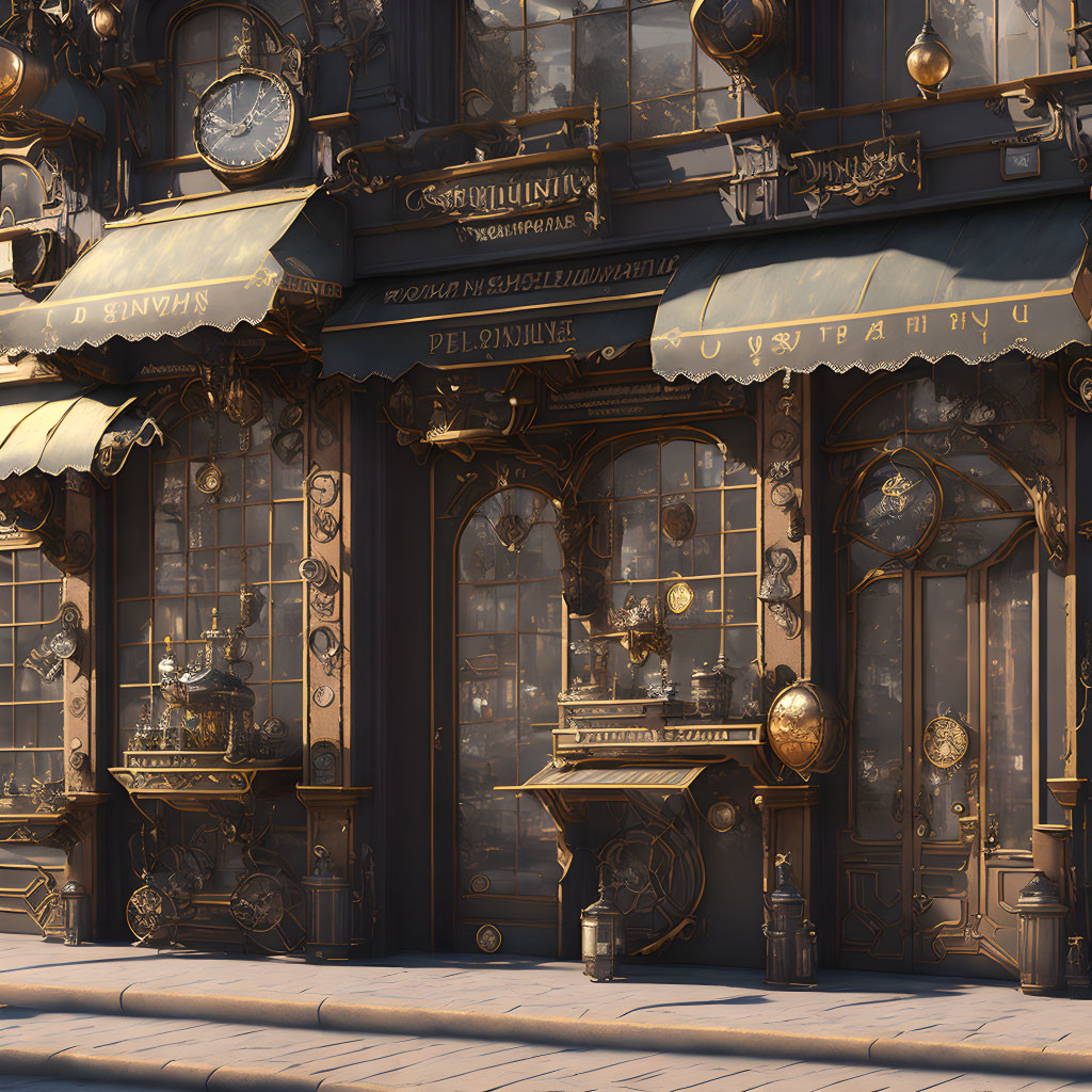 Steampunk-style building facade with intricate metalwork and brass details