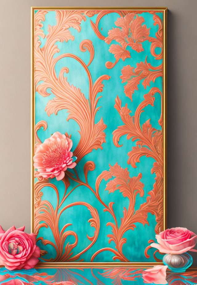 Floral Relief Wall Art in Ornate Frame with Teal Background and Coral Flowers