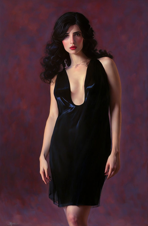 Woman in black sleeveless dress against maroon backdrop with dark hair.