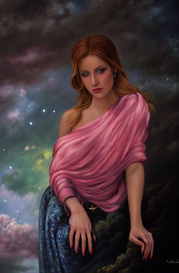 Digital painting of woman with amber hair in pink outfit against starry sky.