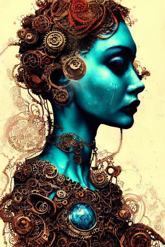 Blue-skinned woman with steampunk gear adornments