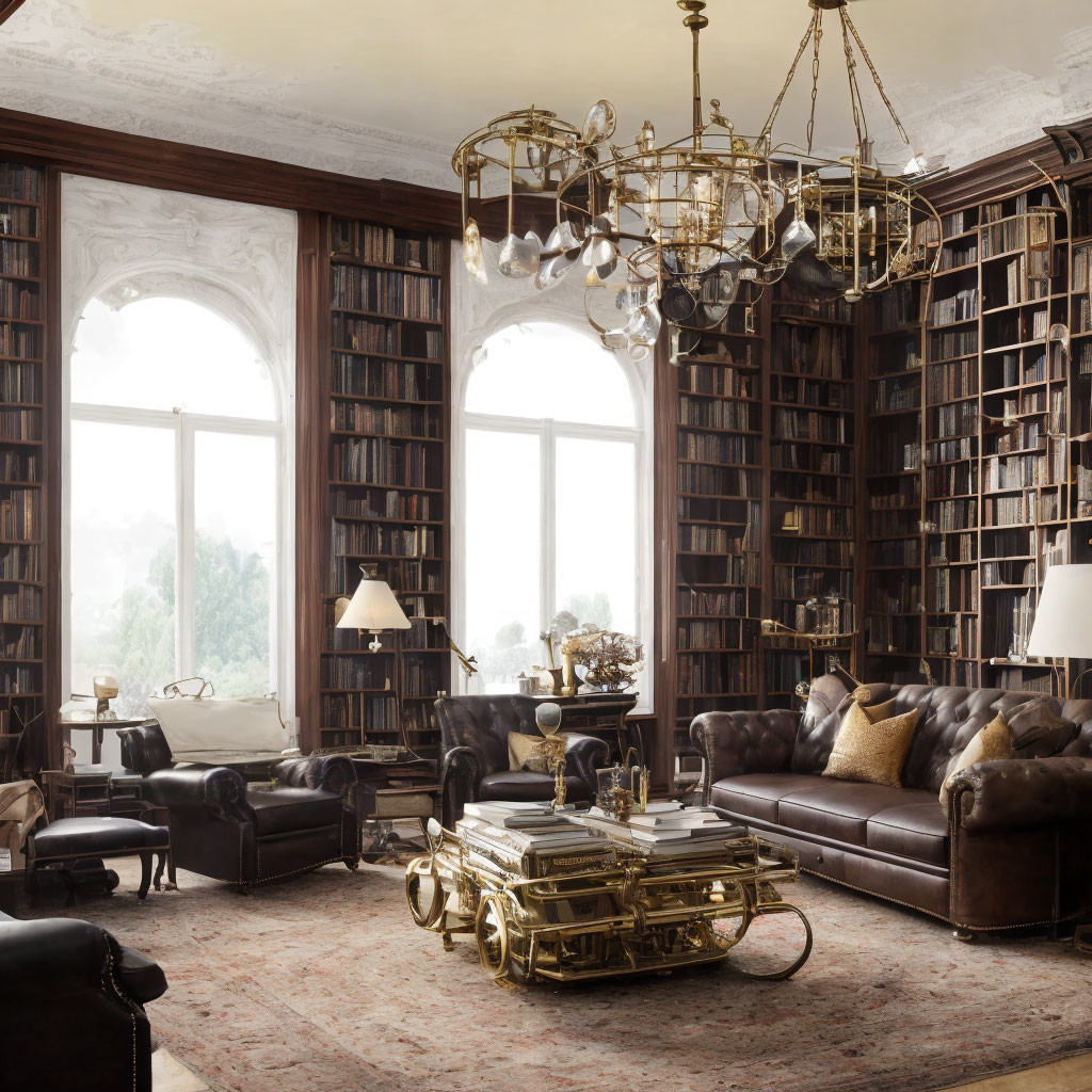 Sophisticated library with bookshelves, leather sofas, large windows & chandelier