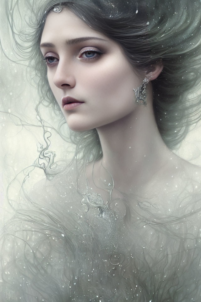 Ethereal woman with blue-gray eyes and silver jewelry in misty aura