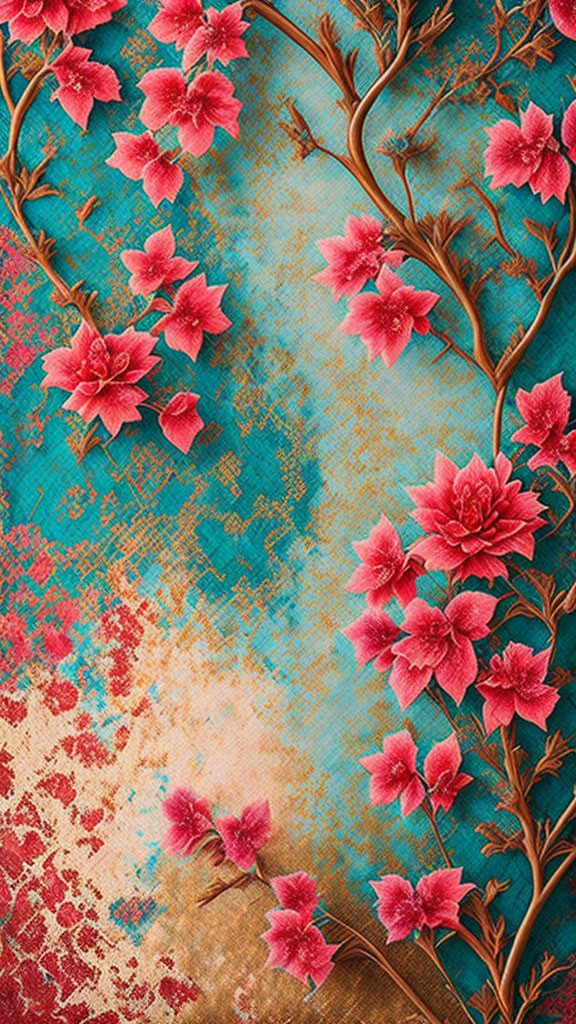 Colorful Artwork: Pink Flowers on Textured Blue and Red Background