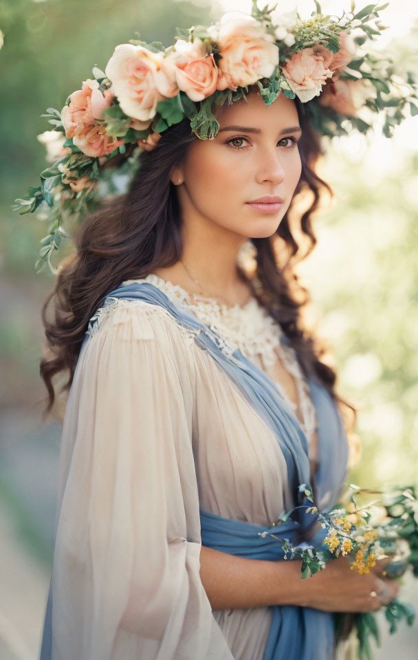 Woman in floral crown and flowing dress with bouquet in sunny nature.