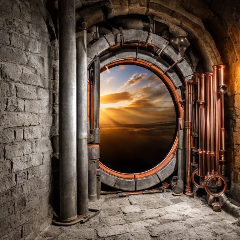 Circular porthole window in stone wall with copper pipes, showing vibrant sunset and clouds.