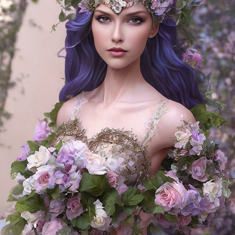 Fantasy portrait: Woman with violet hair in floral dress among blossoming vines