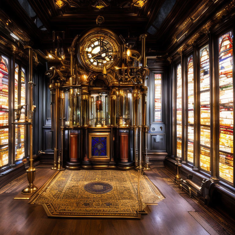 Elegant room with grand clock, brass fittings, stained glass windows