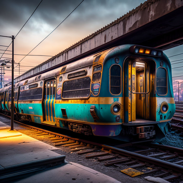 Vintage teal and yellow train on tracks at dusk with glowing windows and dramatic sky