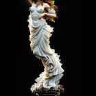 Woman in white dress and floral crown on pedestal with flowers.