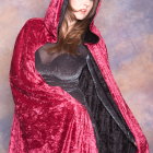 Woman in Red Floral Hooded Cloak in Mystical Forest